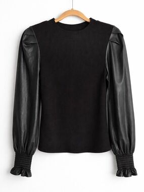 Anthro Dolan Black Faux Leather Puff Sleeve Top Rib Knit Size S Dark Romance